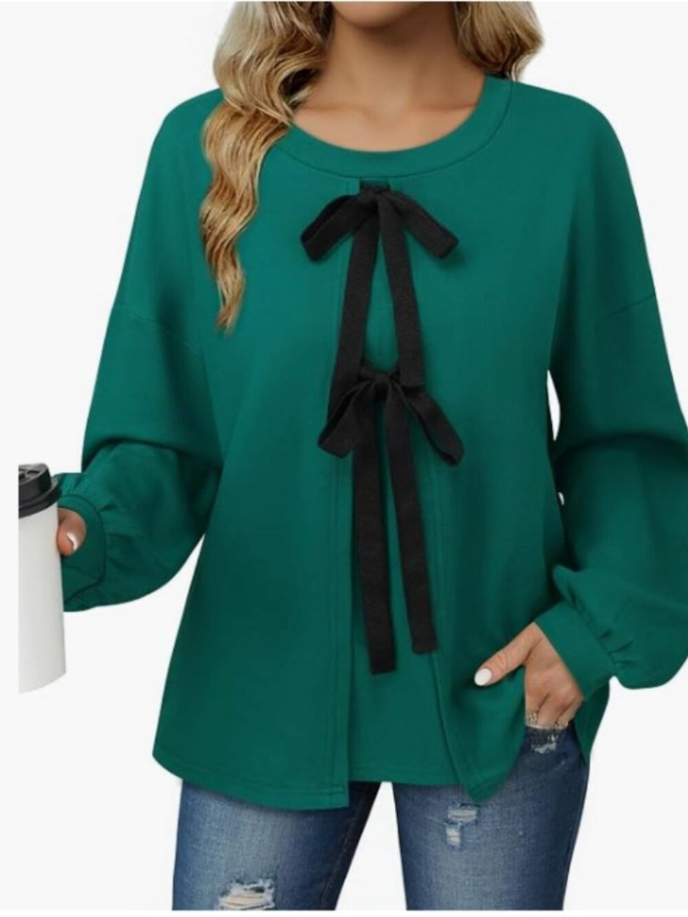 Green Long Sleeve Lantern Sleeve Bow Top